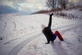 Slip on the slippery ice and snow on the road track at the country in freezing winter day Royalty Free Stock Photo