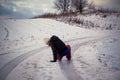 Slip on the slippery ice and snow on the road track at the country in freezing winter day Royalty Free Stock Photo