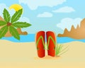 Slipper on a beach with palm trees, sea and mountains Royalty Free Stock Photo
