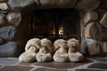 slippers on a bear-skin rug near a rustic stone fireplace Royalty Free Stock Photo