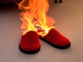 Slippers on fire on carpet background. Concept it\'s time to buy a new pair of slippers