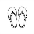 Slippers, flip flops. Summer clothes and accessories. Cartoon doodle sketch. Black outline on white background. Vector