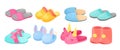 Slippers vector illustration set, cartoon flat home warm comfortable bedroom shoes, slipper with fluffy pompon ball