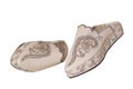 Slippers woman isolated. Closeup of elegant luxurious handmade beige ladies slippers with beautiful floral embroidery and