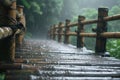 Slippery Bamboo bridge foggy rainy. Generate Ai