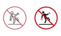Slippery Floor Warning Sign Set. Caution Danger Wet Surface Line and Silhouette Icons. Beware Accident Symbol, Fall Risk Royalty Free Stock Photo