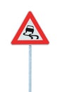 Slippery when wet road sign, isolated signpost pole post and traffic signage Royalty Free Stock Photo