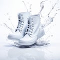 Slippery White Boots In Water Splash On White Background