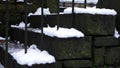 Slippy old stairs covered in snow in winter after snowfall