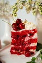 Slised red berry cake decorated with cherry berries and white cream, among lilac flowers and green leaves. Food photography.