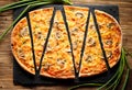 Slised vegeterian home made pizza with mushrooms. Top view on wooden table Royalty Free Stock Photo