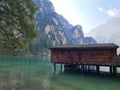 The slit house on Lake Braies in autumn Royalty Free Stock Photo