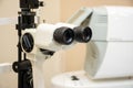 Slit lamp in diagnostic office of doctor ophthalmologist. Ophthalmic diagnostic microscopic medical equipment to diagnose cataract Royalty Free Stock Photo