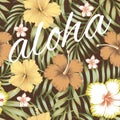 Slogan aloha tropical leaves hibiscus brown background