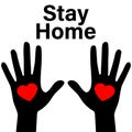 Slogan call and hashtag Sit at home with a picture heart in hand. Vector flat illustration with housing logo. Epidemic