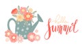 Slogan hello summer. Vector horizontal card with flat hand drawn illustration of a garden watering can and lush poppies bouquet Royalty Free Stock Photo