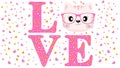 Slogan love with the face of a cute cat with glasses. White background with pink and yellow hearts. Vector illustration drawn in