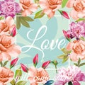 Slogan love will come soon aqua mint rose peony background