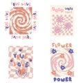 Slogan prints with groovy flowers collection in 1970s style. Hippie aesthetic stickers for T-shirt, textile and fabric. Hand drawn