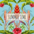 Slogan summer time leaves and flowers blue background