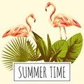 Slogan summer time tropical leaves flamingo retro, vintage