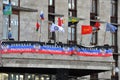 Slogans and flags of separatists on the building