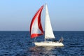 Sloop sailboat on a quiet sea in open waters.