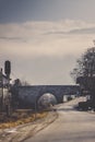 Slope asphalt road beside railway with mountain range in cloudy Royalty Free Stock Photo