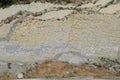 slope of the mountain with layers of sedimentary rocks. Vertically located sedimentary rocks on collapsing hillside Royalty Free Stock Photo