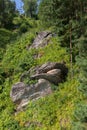 Slope of mountain with stone boulders in the Altai Region in summer