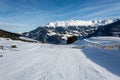 Slope and yellow gondolas in ski resort Serfaus Fiss Ladis in Au