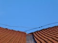 sloped clay tile roof valley with zink valley flashing. ridge tiles and metal rod lightning protection rod