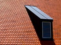 Sloped red beavertail clay tile roof with round edges and black metal plates roof former with white window.