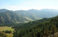 The slopes of high mountains overgrown with dense coniferous forest form a picturesque valley in the rays of a bright setting sun Royalty Free Stock Photo