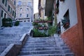 A sloping stone staircase in front of a house in a medieval Italian village Corinaldo, Marche, Italy
