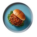 Sloppy Joe On Blue Smooth Round Plate On Isolated Transparent Background U.S. Dish. Generative AI