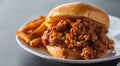 Sloppy joe sandwich on plate with french fries and ketchup