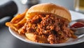 Sloppy joe sandwich on plate with french fries and ketchup