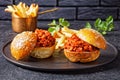 Sloppy Joe sandwiches with french Fries, top view Royalty Free Stock Photo