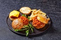 Sloppy Joe sandwiches with french Fries, top view Royalty Free Stock Photo