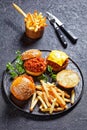 Sloppy Joe sandwiches with french Fries, top view Royalty Free Stock Photo