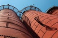 Sloss Furnaces National Historic Landmark, Birmingham Alabama USA, extreme angle looking up at furnaces, open circular catwalks