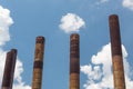 Sloss Furnaces National Historic Landmark, Birmingham Alabama USA, five smoke stacks against a blue sky with clouds