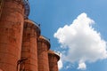Sloss Furnaces National Historic Landmark, Birmingham Alabama USA, row of rusting blast furnaces against a brilliant blue sky with
