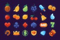 Slot icons. Cartoon shining casino symbols for slot machine and gambling, heart cherry bell crown fruits diamond bar and