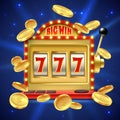 Slot machine. Big win in casino gamble, one lever armed bandit with numbers and machined reel. Fortune winning banner Royalty Free Stock Photo