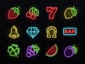 Slot machine bright neon vector symbols. Casino light gambling icons Royalty Free Stock Photo