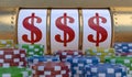Slot machine in casino showing winning dollar signs. 3D rendered illustration.