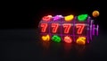 7777 Slot Machine With Fruit Icons. Online Gambling Concept With Neon Lights - 3D Illustration