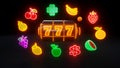 Slot Machine With Fruit Icons. Casino Gambling Concept With Neon Lights - 3D Illustration Royalty Free Stock Photo